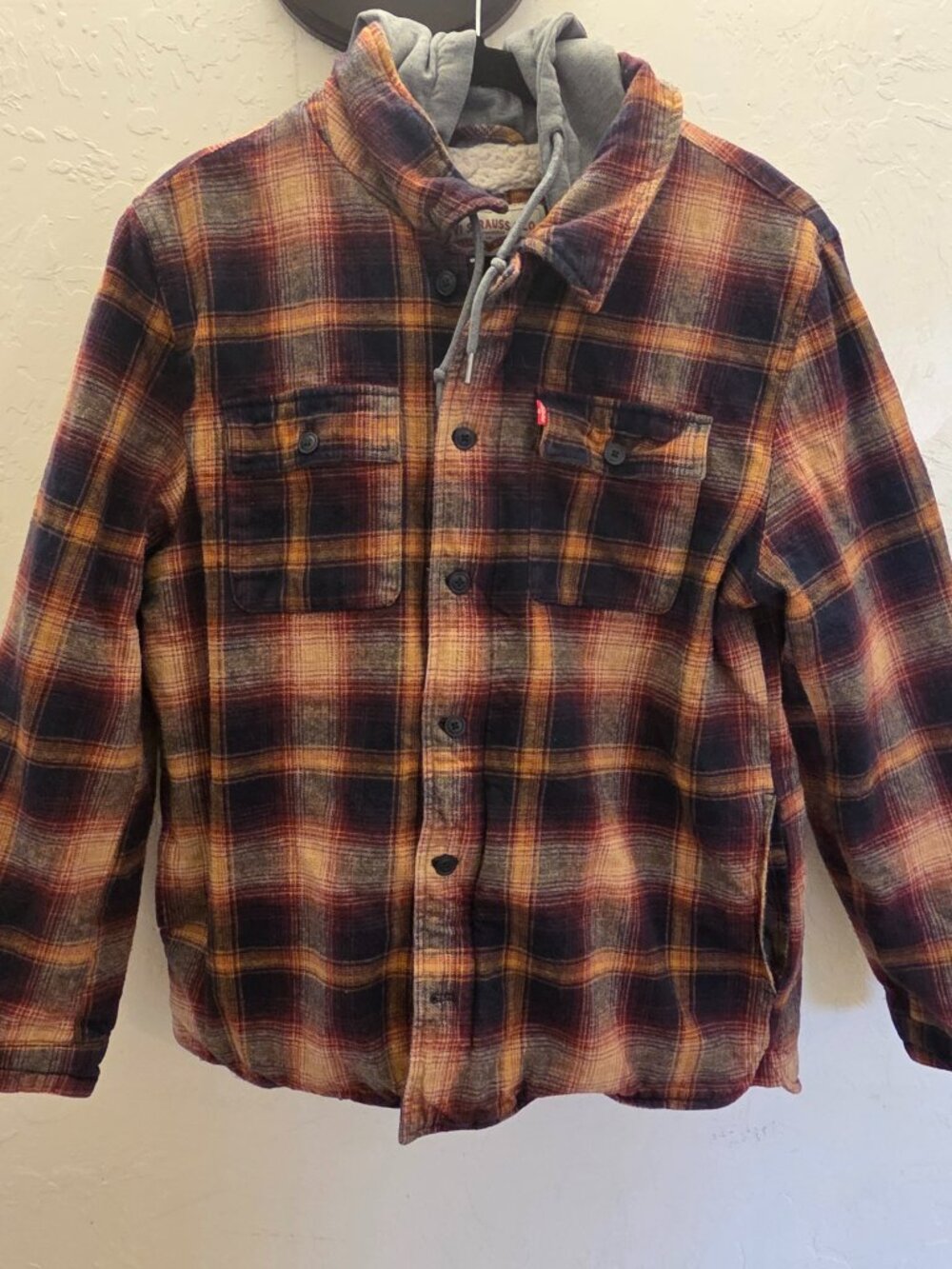Levis Full Zip/Button Jacket Mens Large Plaid Flannel Sherpa Lined Hooded Pocket